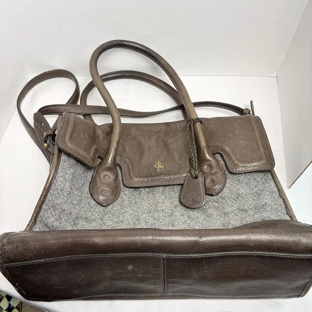 Cole Haan gray quilted purse, brown leather details, large satchel, charm¸